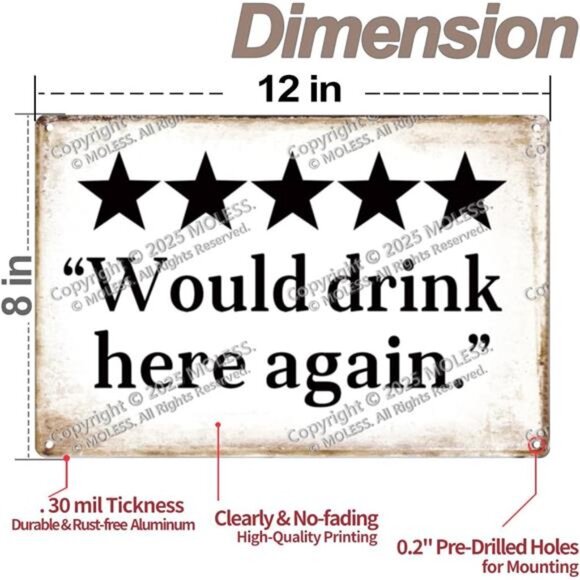 Metal Sign "Would drink here again" Funny Bar Sign or Man Cave Decor | 12x8″ - Picture 3 of 7